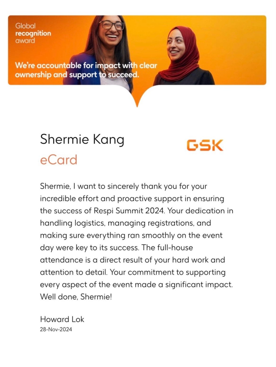 GSK Global Recognition Award 01 – from Howard Lok (Marketing Manager - Respiratory) | Shermie Kang's Resume | Gengen