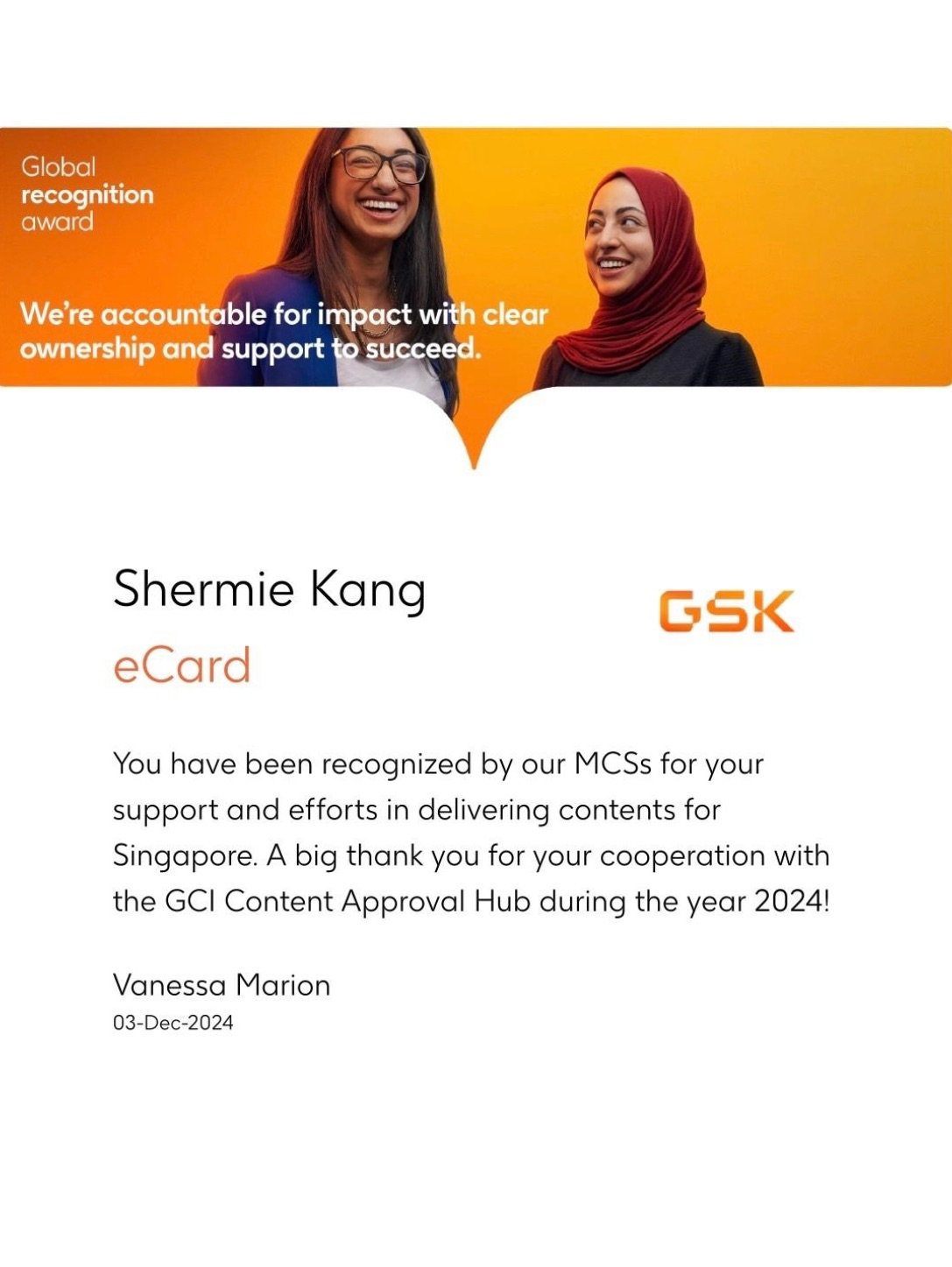 GSK Global Recognition Award 02 – from Dr. Vanessa Marion (Content Approval Hub) | Shermie Kang's Resume | Gengen