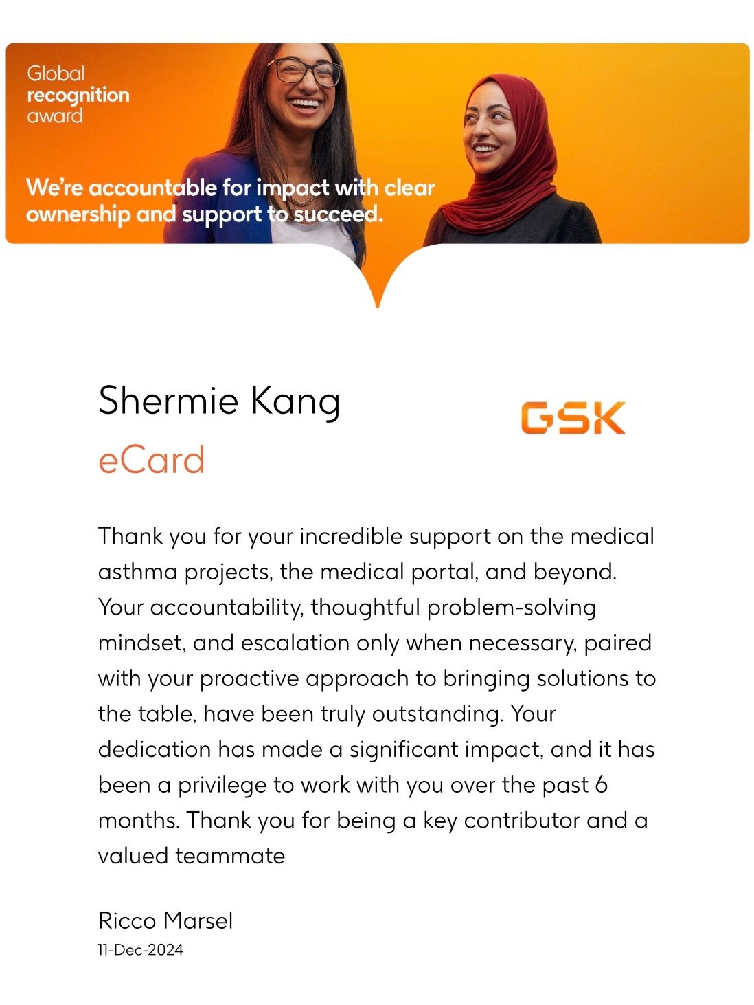 GSK Global Recognition Award 03 – from Dr. Ricco Marsel (Medical Affairs Manager - GenMed) | Shermie Kang's Resume | Gengen