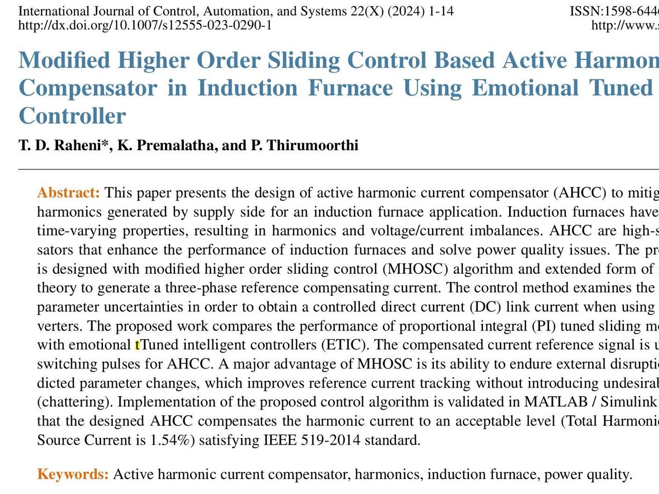 Modified Higher Order Sliding Control Based Active Harmonic Current Compensator in Induction Furnace Using Emotional Tuned Intelligent Controller | Raheni T D's Resume | Gengen
